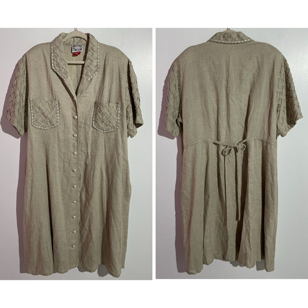 Monique Fashions Dress 3XP Beige Linen Cottagecore Midi‎ Pearl Buttons Artsy USA